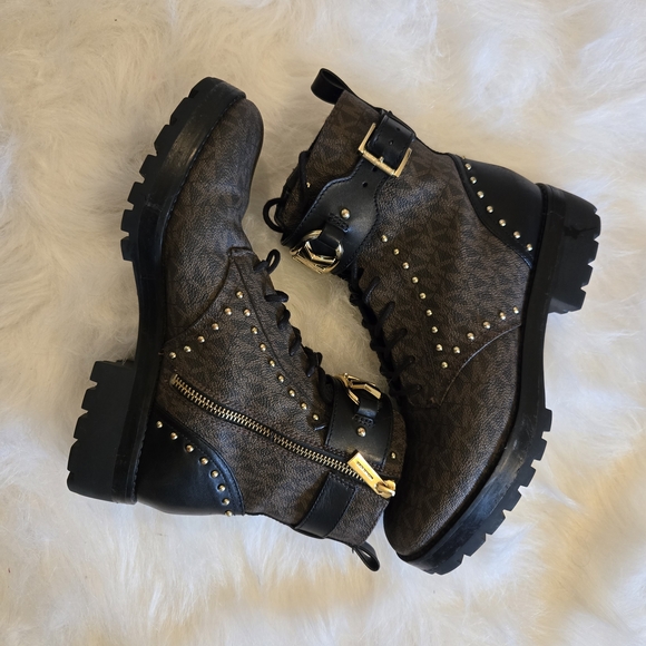 Michael Kors Black and Brown Combat Boots with Gold Accents Size 8M - Picture 1 of 7